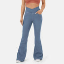 STRETCHIGE DENIM-HOSE MIT HOHER TAILLE UND ÜBERKREUZTEN SCHLAGHOSEN